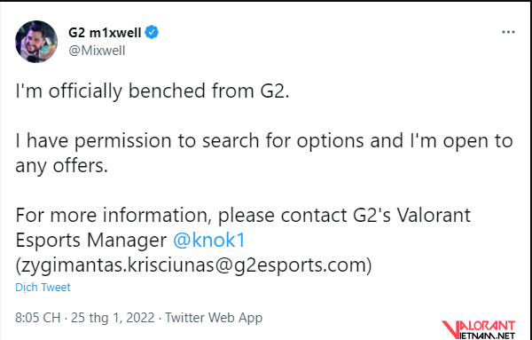 M1xwell của G2 Esports đang tìm kiếm bến đỗ mới trước thêm mùa giải VCT 2022