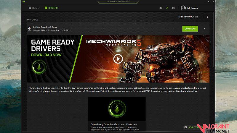 Driver của NVIDIA có thể được update trực tiếp qua app Geforce Experience