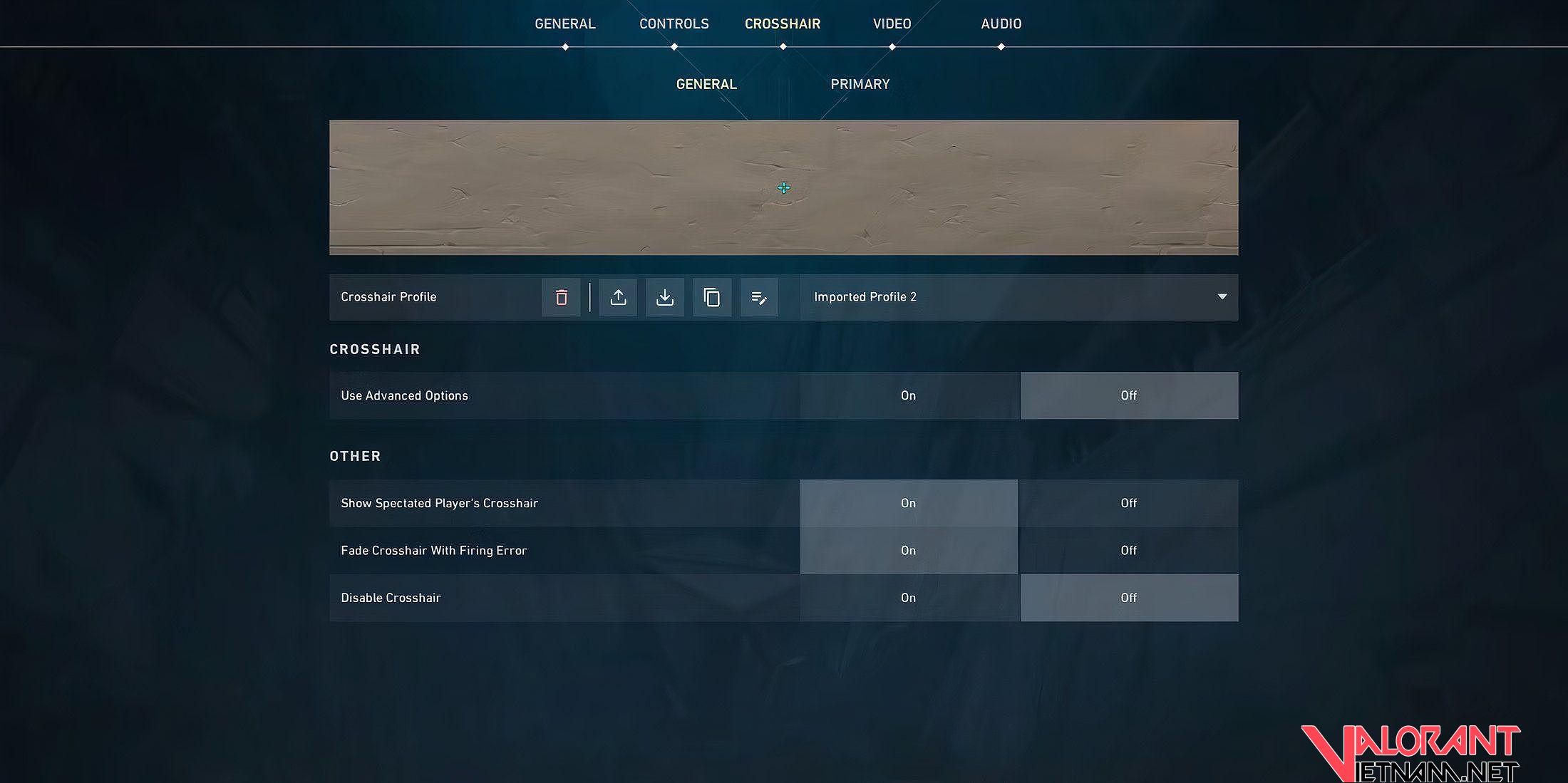 Menu cài đặt crosshair trong Valorant